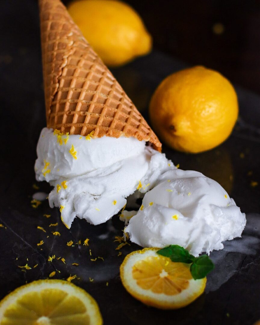 Lemon sorbet with a waffle cone